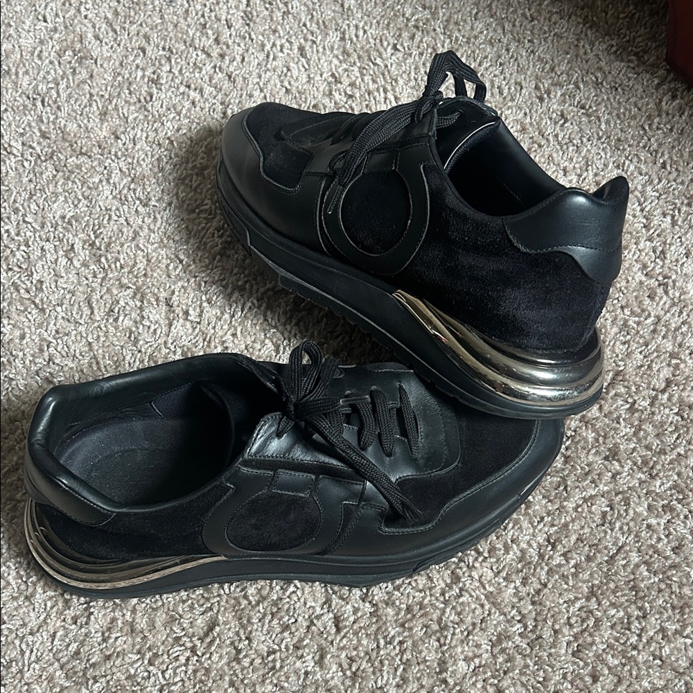 Salvatore Ferragamo Black Gancini patch  lace up Sneakers with silver heal 9M